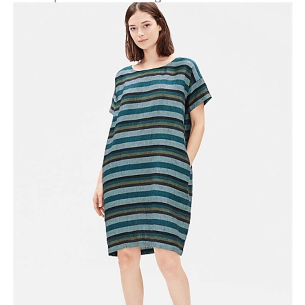 Eileen Fisher Striped Organic Linen Shift Dress Teal Blue green Size PP